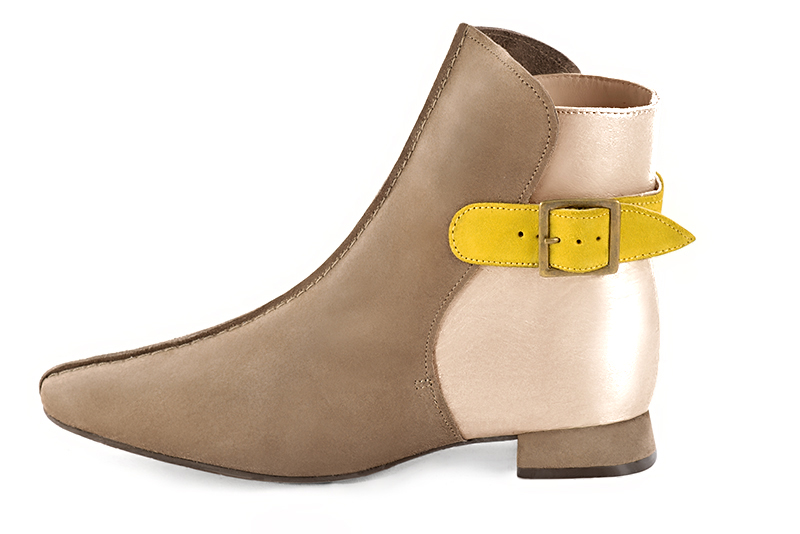 Tan beige, gold and yellow women's ankle boots with buckles at the back. Square toe. Flat flare heels. Profile view - Florence KOOIJMAN